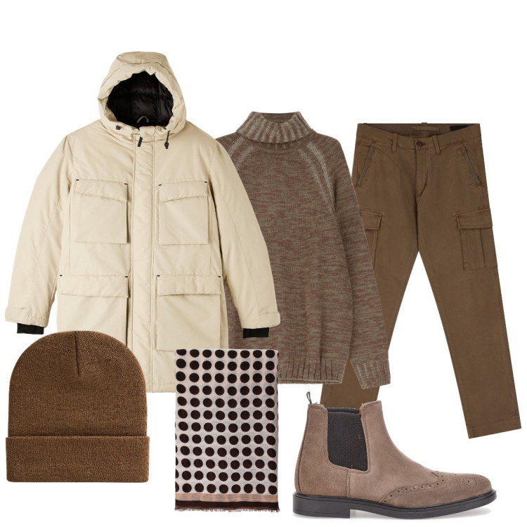 Outfit uomo - Total look #2061140. Stile Casual per Tutti i giorni. Abbinamento con parka, berretti, pantaloni cargo, sciarpe e foulard, maglieria, stivali e stivaletti.