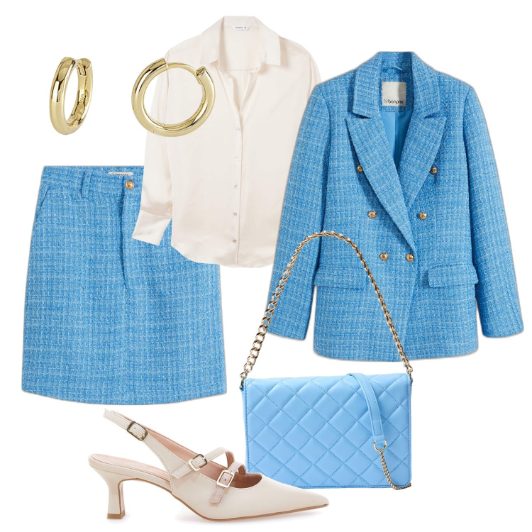 Outfit donna - Completo in bouclé ufficio e cena. Stile Bon Ton per Ufficio. Abbinamento con blazer, minigonne, camicie, borse a tracolla, orecchini, décolleté.