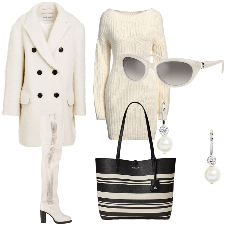 Outfit donna - Total look #2061145. Stile Bon Ton per Tutti i giorni. Abbinamento con cappotti, stivali sopra il ginocchio, vestiti corti, occhiali da sole, orecchini, borse tote.