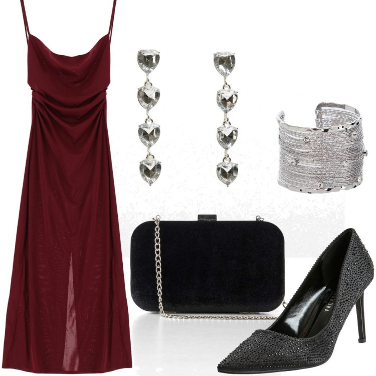 Outfit donna - Serata romantica. Stile Sexy per Serata fuori. Abbinamento con pochette, décolleté, orecchini, vestiti midi/longuette, braccialetti.