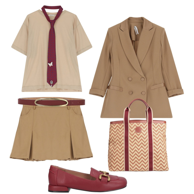 Outfit donna - Preppy rivisitato in città. Stile Preppy per Tutti i giorni. Abbinamento con mocassini, borse a mano, minigonne, blazer, t-shirt, cinture.
