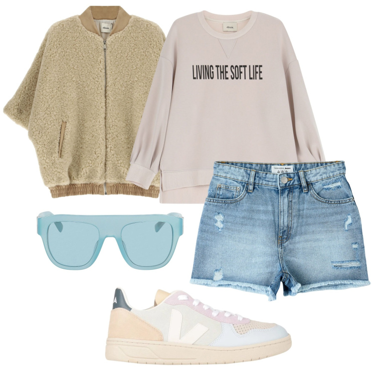 Outfit donna - The soft life. Stile Casual per Tutti i giorni. Abbinamento con occhiali da sole, sneakers, shorts, bomber, felpe.