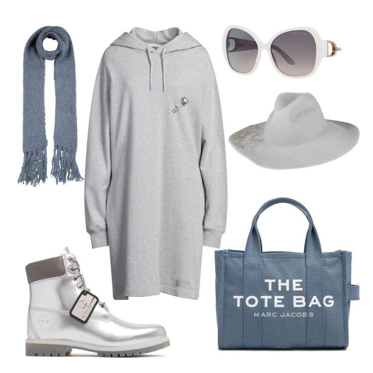 Outfit donna - City time con il vestito in felpa. Stile Urban per Tutti i giorni. Abbinamento con vestiti corti, cappelli, sciarpe, occhiali da sole, stivali, borse tote.