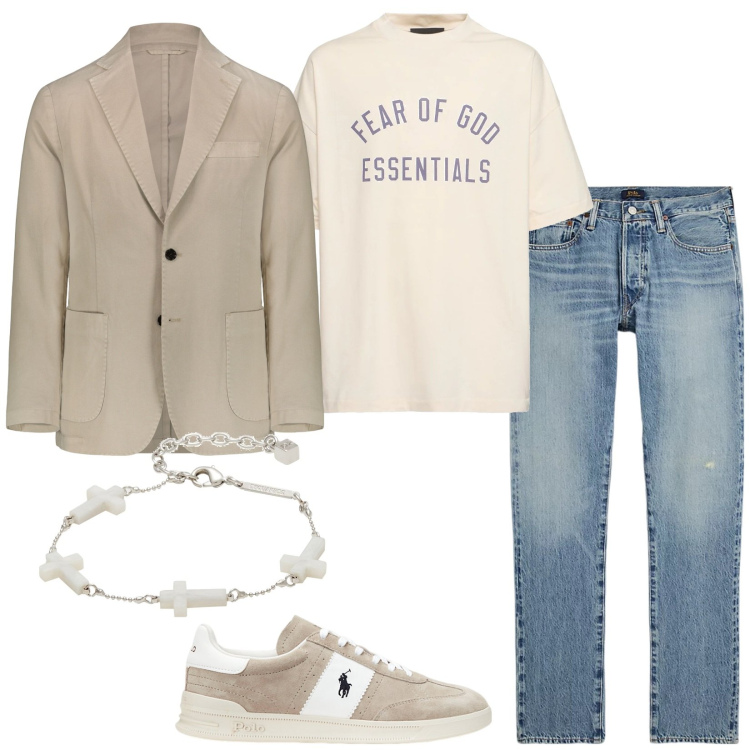 Outfit uomo - Casual chic. Stile Casual per Tutti i giorni. Abbinamento con braccialetti, jeans, sneakers, giacche, t-shirt.
