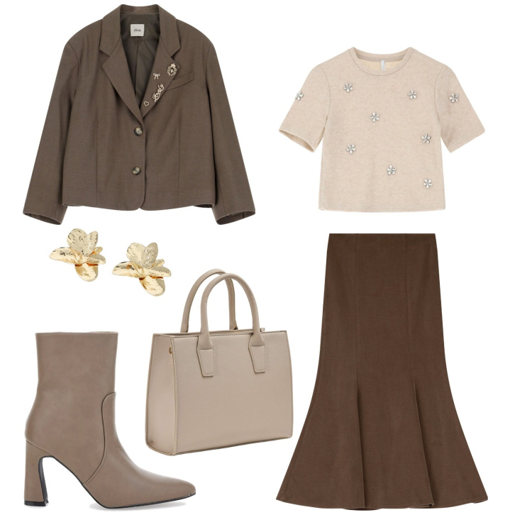 Outfit donna - Elegante in tutte le occasioni. Stile Bon Ton per Tutti i giorni. Abbinamento con shopping bag, maglieria, orecchini, gonne, blazer, stivaletti.