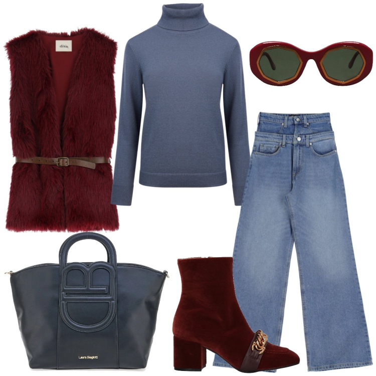 Outfit donna - Un tocco borgogna. Stile Casual per Tutti i giorni. Abbinamento con stivaletti, occhiali da sole, jeans, gilet, maglieria, borse a tracolla.