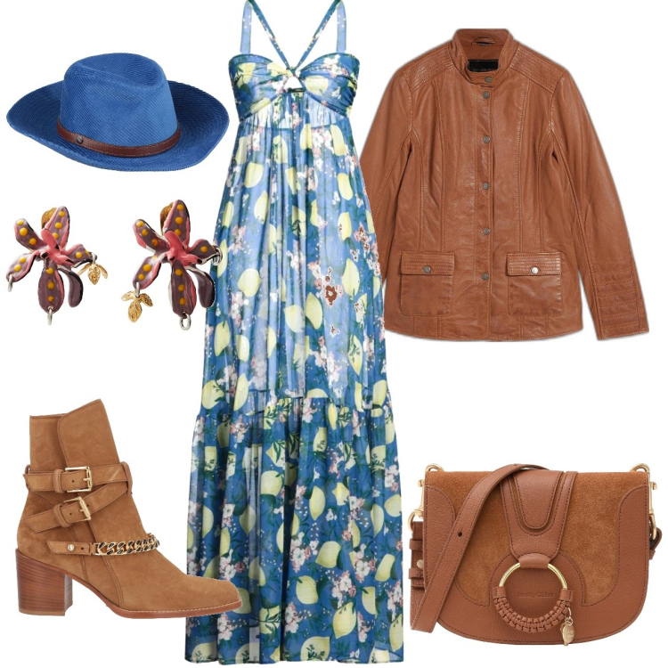 Outfit donna - Giacca pelle Marrone. Stile Boho per Tutti i giorni. Abbinamento con blazer, stivaletti, cappelli, vestiti lunghi, borse a tracolla, orecchini.