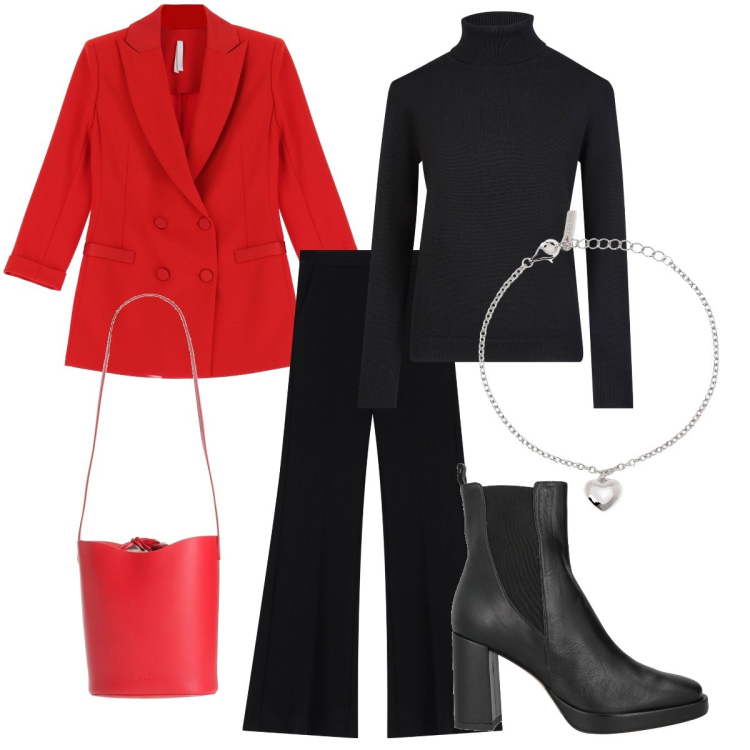 Outfit donna - Rosso e nero. Stile Chic per Ufficio. Abbinamento con stivaletti chelsea, borse a mano, pantaloni, blazer, braccialetti con ciondoli, maglieria.