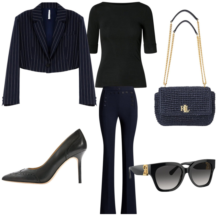 Outfit donna - Party. Stile Glamour per Serata fuori. Abbinamento con blazer, occhiali da sole, pantaloni, t-shirt, décolleté, borse a spalla.