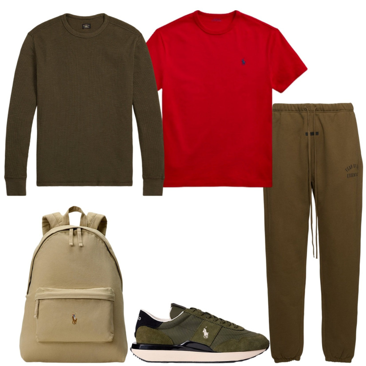 Outfit uomo - Sportivo. Stile Casual per Sport. Abbinamento con maglieria, sneakers, t-shirt, borse sportive, pantaloni.