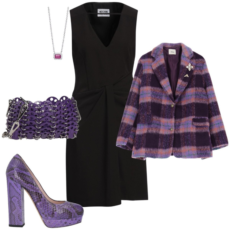 Outfit donna - Tubino nero. Stile Trendy per Tutti i giorni. Abbinamento con décolleté, vestiti corti, borse a tracolla, collane, blazer.