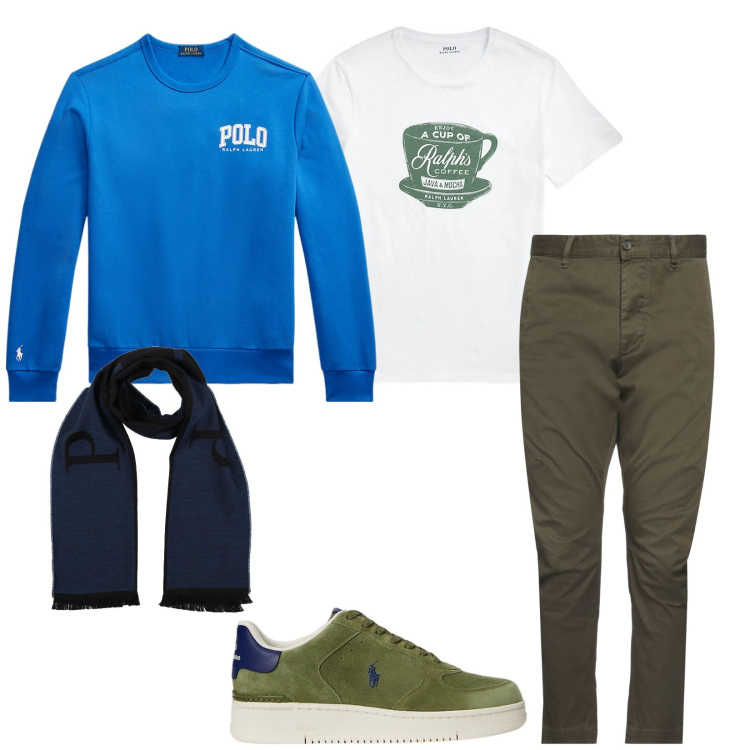 Outfit uomo - Total look #2061214. Stile Casual per Tutti i giorni. Abbinamento con sciarpe, pantaloni chino, t-shirt, sneakers, felpe.