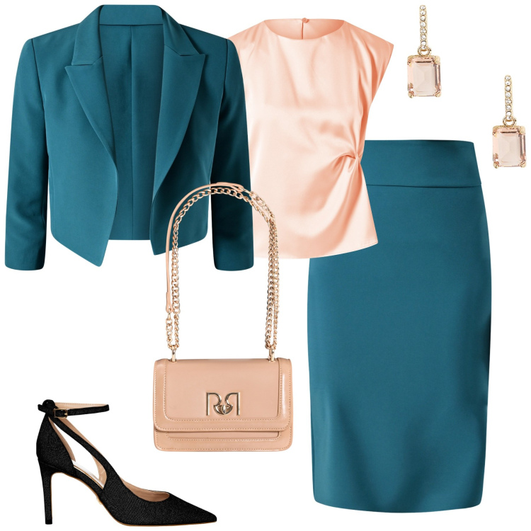 Outfit donna - Festa di laurea. Stile Chic per Cerimonia. Abbinamento con gonne, top, blazer, décolleté, borse a tracolla, orecchini.