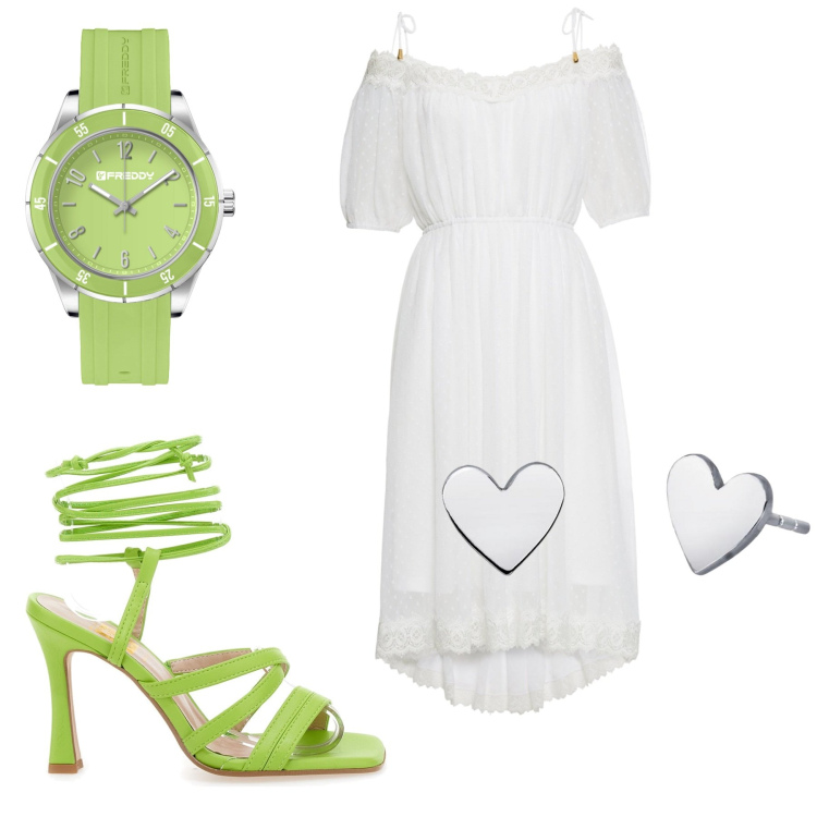Outfit donna - Romantica. Stile Romantica per Cerimonia. Abbinamento con vestiti, orecchini, orologi, sandali col tacco.