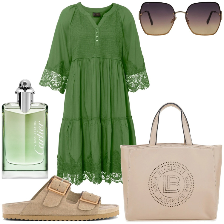 Outfit donna - Dite che vado bene. Stile Casual per Tutti i giorni. Abbinamento con vestiti chemisier, occhiali da sole, profumi, sandali, borse a tracolla.