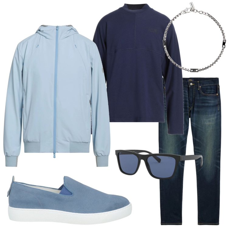 Outfit uomo - Casual chic. Stile Casual per Serata speciale. Abbinamento con giacche, felpe, sneakers, braccialetti, jeans, occhiali da sole.