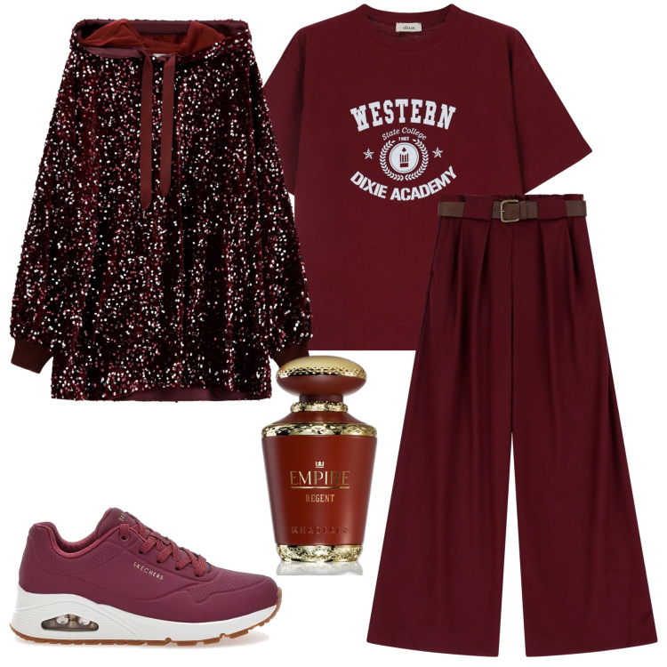 Outfit donna - Casual chic. Stile Casual chic per Tutti i giorni. Abbinamento con profumi, felpe con cappuccio, pantaloni a palazzo, t-shirt, sneakers.