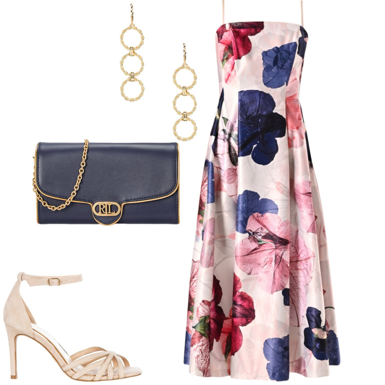 Outfit donna - Matrimonio. Stile Glamour per Cerimonia. Abbinamento con vestiti midi/longuette, sandali col tacco, borse a tracolla, orecchini.