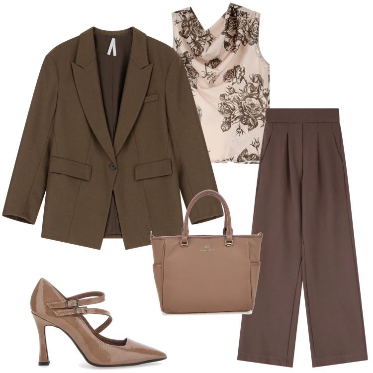 Outfit donna - In ufficio. Stile Chic per Ufficio. Abbinamento con top, blazer, pantaloni, borse a tracolla, décolleté.