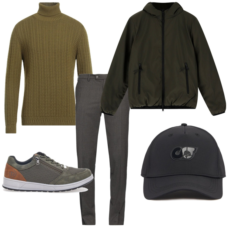 Outfit uomo - Sfumature di verde. Stile Trendy per Tutti i giorni. Abbinamento con maglieria, pantaloni, piumini, sneakers, cappelli.