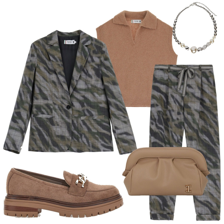 Outfit donna - Giacca e pantaloni. Stile Sporty chic per Serata fuori. Abbinamento con blazer, pantaloni, maglieria, borse a mano, mocassini, collane.