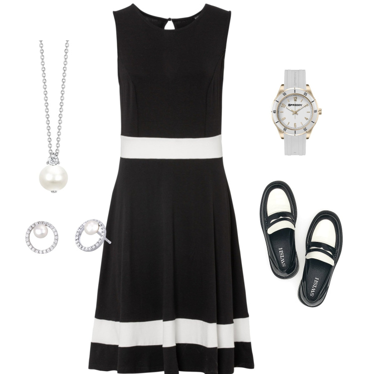 Outfit donna - Chic. Stile Chic per Serata fuori. Abbinamento con vestiti corti, orecchini, collane, orologi, mocassini.