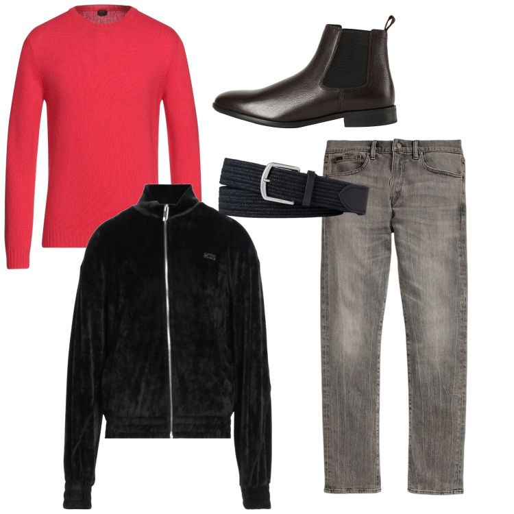 Outfit uomo - Fragola. Stile Casual per Tutti i giorni. Abbinamento con cinture, jeans, felpe, stivali e stivaletti, pullovers.