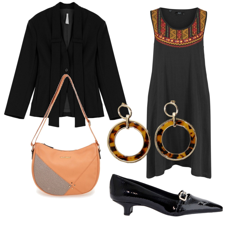 Outfit donna - Etnico. Stile Etnico per Serata fuori. Abbinamento con vestiti senza maniche, blazer, ballerine, orecchini, borse a tracolla.