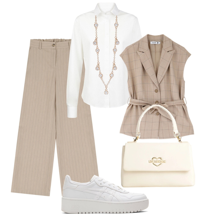 Outfit donna - Colori neutri in ufficio. Stile Glamour per Ufficio. Abbinamento con borse a mano, gilet, collane, pantaloni a palazzo, sneakers, camicie.