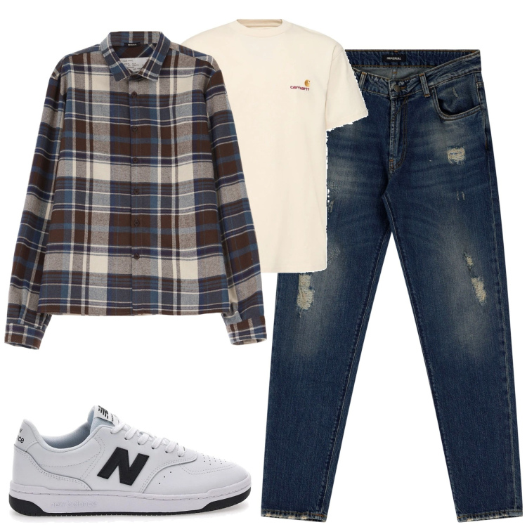 Outfit uomo - Venerdì sera con gli amici. Stile Casual per Tutti i giorni. Abbinamento con camicie, jeans dritti, sneakers, t-shirt.