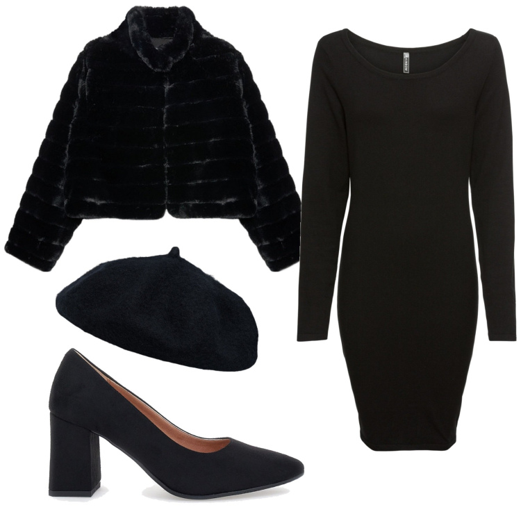 Outfit donna - Total black. Stile Chic per Serata fuori. Abbinamento con vestiti lunghi, cappelli e berretti, décolleté, blazer.