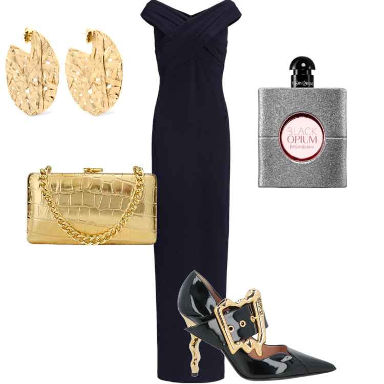 Outfit donna - Stregata dalla luna. Stile Chic per Serata fuori. Abbinamento con décolleté, profumi, vestiti lunghi, clutch, orecchini.