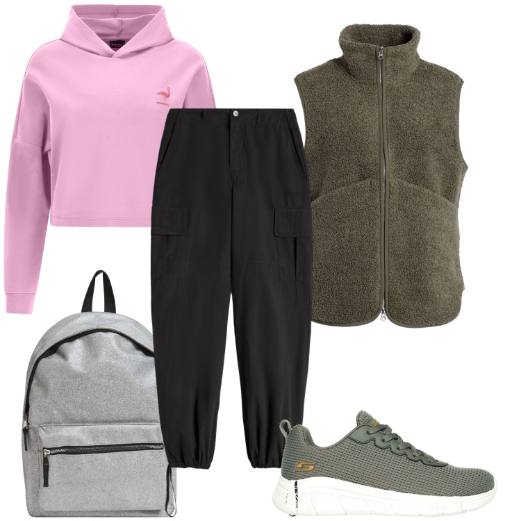 Outfit donna - Stile sportivo. Stile Sporty chic per Sport. Abbinamento con blazer, zaini, pantaloni cargo, felpe con cappuccio, sneakers.