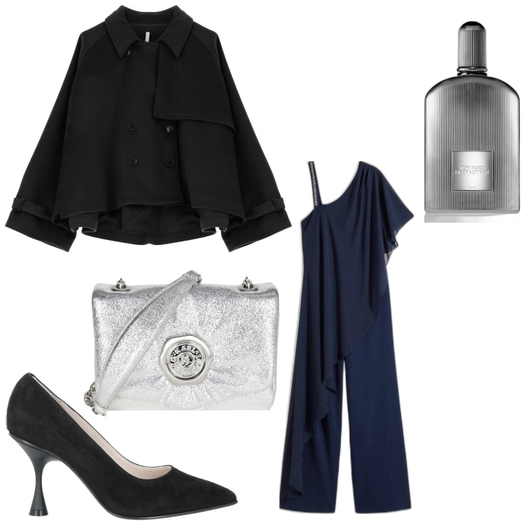 Outfit donna - Argento. Stile Chic per Serata fuori. Abbinamento con tute, borse a tracolla, décolleté, profumi, caban.
