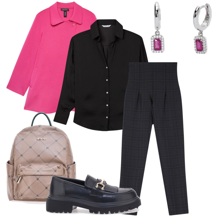 Outfit donna - Il blazer fucsia. Stile Casual chic per Ufficio. Abbinamento con camicie, orecchini, pantaloni, mocassini, cappotti, zaini.