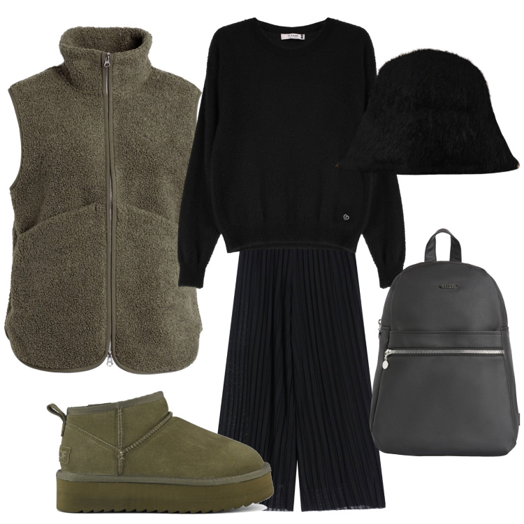 Outfit donna - Total look. Stile Basic per Tutti i giorni. Abbinamento con blazer, maglieria, zaini, pantaloni a palazzo, stivaletti, cappelli.