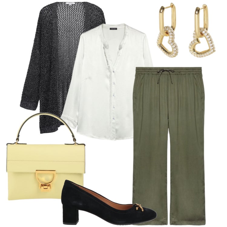 Outfit donna - La borsa gialla. Stile Bon Ton per Serata fuori. Abbinamento con décolleté, borse a mano, camicie, pantaloni, orecchini, kimono.