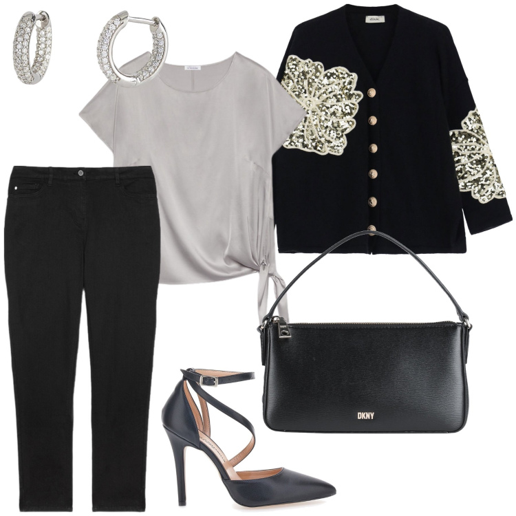 Outfit donna - Decori sul cardigan. Stile Glamour per Serata fuori. Abbinamento con borse a mano, orecchini, cardigans, bluse, décolleté, jeans skinny.