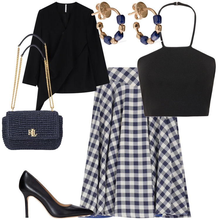 Outfit donna - Proprio chic. Stile Chic per Ufficio. Abbinamento con blazer, gonne, décolleté, borse a spalla, orecchini, top.