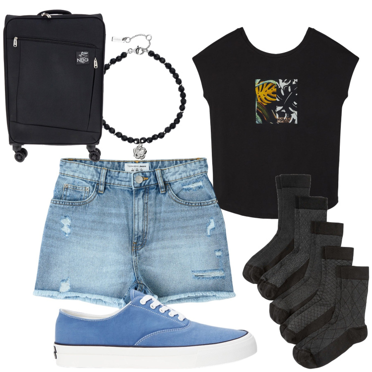 Outfit donna - Verso una meta lontana. Stile Trendy per Tutti i giorni. Abbinamento con calzini, shorts, braccialetti, t-shirt, sneakers, valigie.
