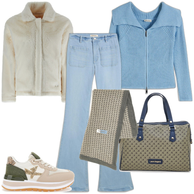 Outfit donna - Total look #2061378. Stile Casual per Tutti i giorni. Abbinamento con cardigans, jeans bootcut, cappotti, sneakers, borse a spalla, foulard.