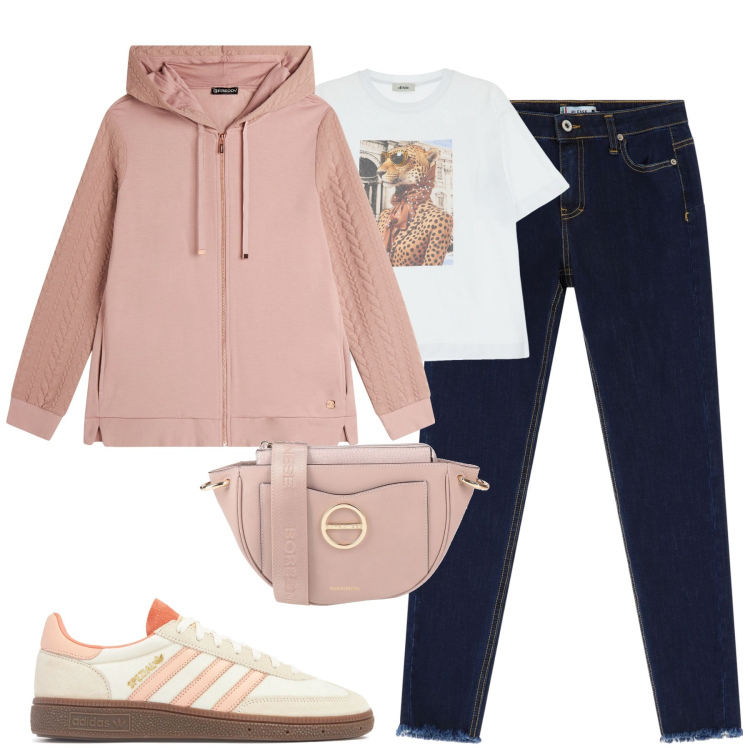 Outfit donna - Sabato mattina. Stile Casual per Tutti i giorni. Abbinamento con borse a tracolla, jeans skinny, felpe con cappuccio, t-shirt, sneakers.