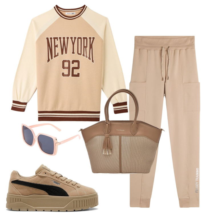 Outfit donna - Sporty. Stile Casual per Tutti i giorni. Abbinamento con felpe, pantaloni, sneakers, borse tote, occhiali da sole.