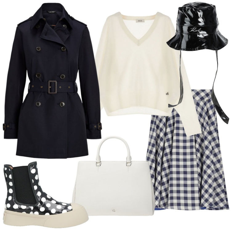 Outfit donna - Sotto la pioggia. Stile Urban per Tutti i giorni. Abbinamento con stivaletti chelsea, cappelli, gonne, pullovers, trench, borse a mano.
