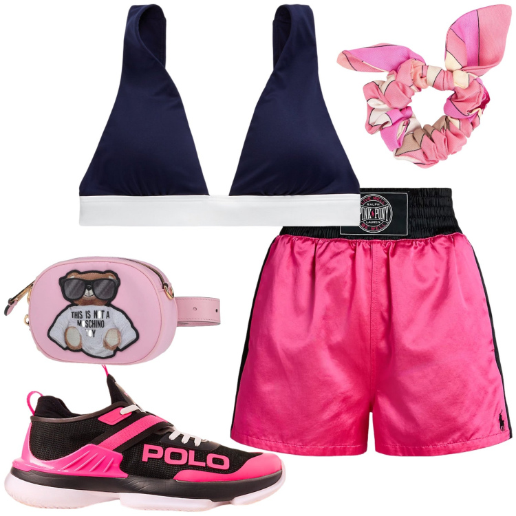 Outfit donna - Glamour in palestra. Stile Sporty chic per Sport. Abbinamento con marsupi, top, sneakers, shorts, accessori per capelli.