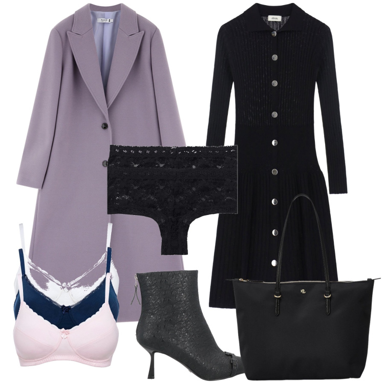 Outfit donna - Total look. Stile Urban per Ufficio. Abbinamento con reggiseni, slip, stivaletti, cappotti, vestiti midi/longuette, borse tote.