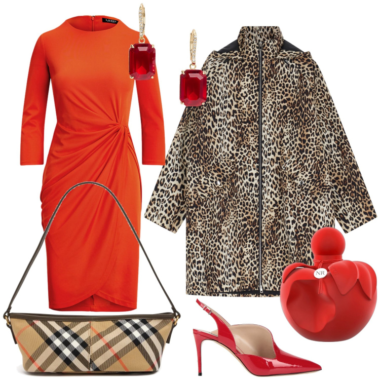 Outfit donna - Total look. Stile Chic per Serata fuori. Abbinamento con décolleté, profumi, cappotti, vestiti, orecchini, borse a mano.