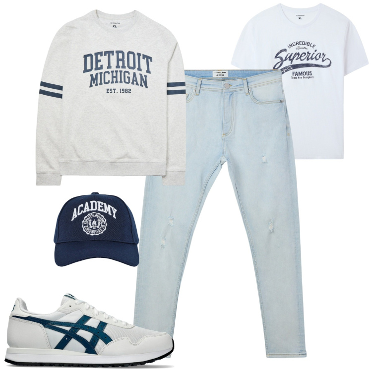 Outfit uomo - Primavera casual. Stile Casual per Tutti i giorni. Abbinamento con felpe, t-shirt, cappelli con visiera, jeans strappati, sneakers.