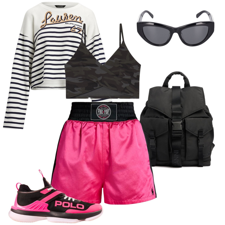 Outfit donna - Stretching e via. Stile Sporty chic per Sport. Abbinamento con top, sneakers, shorts, felpe, zaini, occhiali da sole.