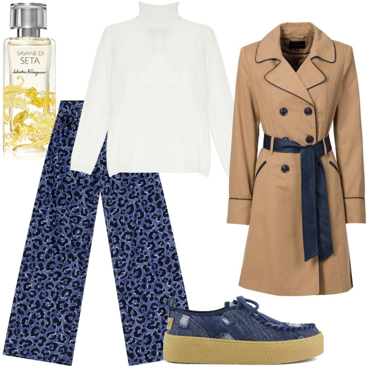 Outfit donna - Giornata uggiosa. Stile Casual chic per Tutti i giorni. Abbinamento con trench, profumi, jeans, maglieria, mocassini.